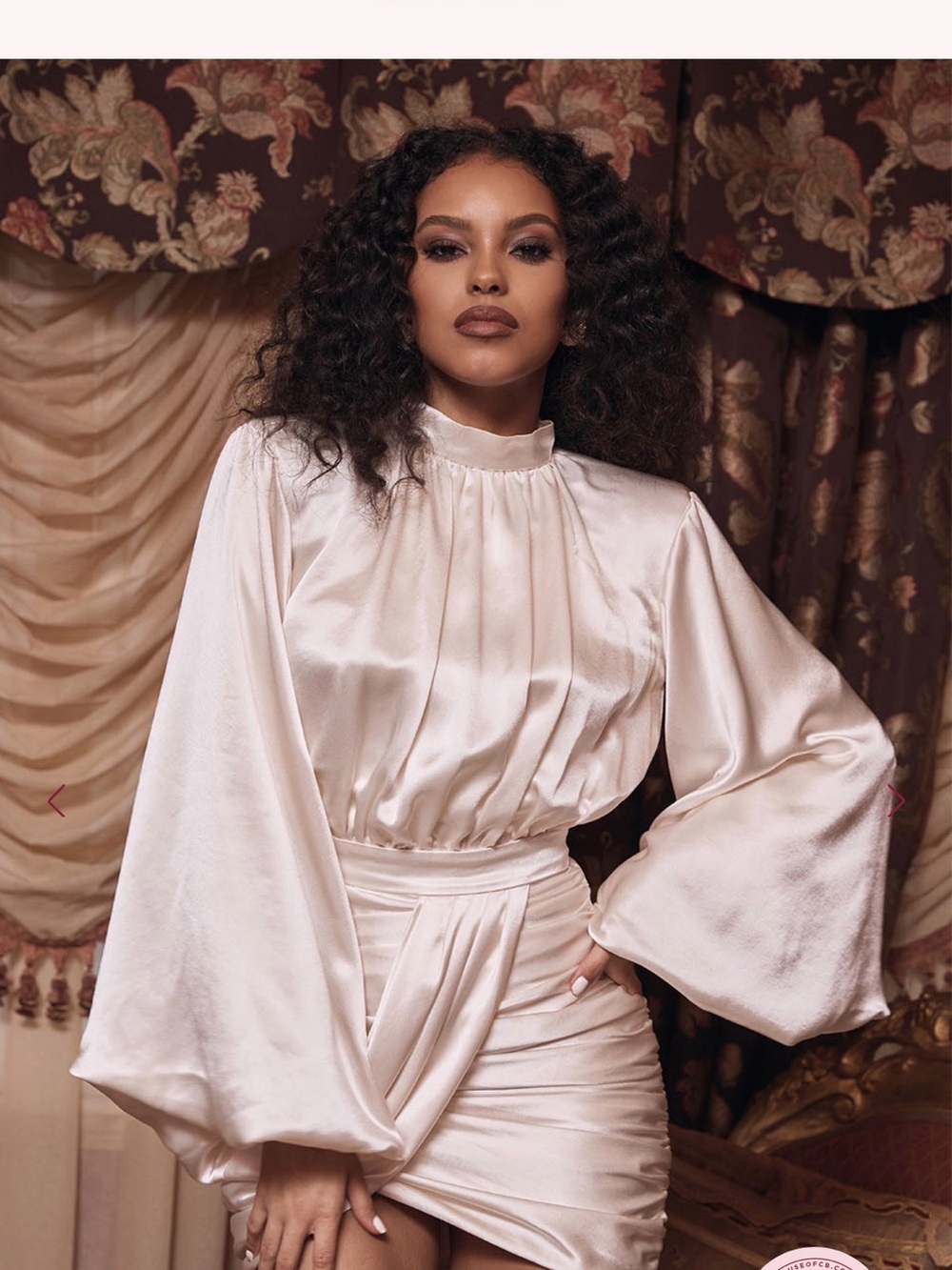 House of CB Khristen Champagne Satin High-Neck Long Sleeve Dress